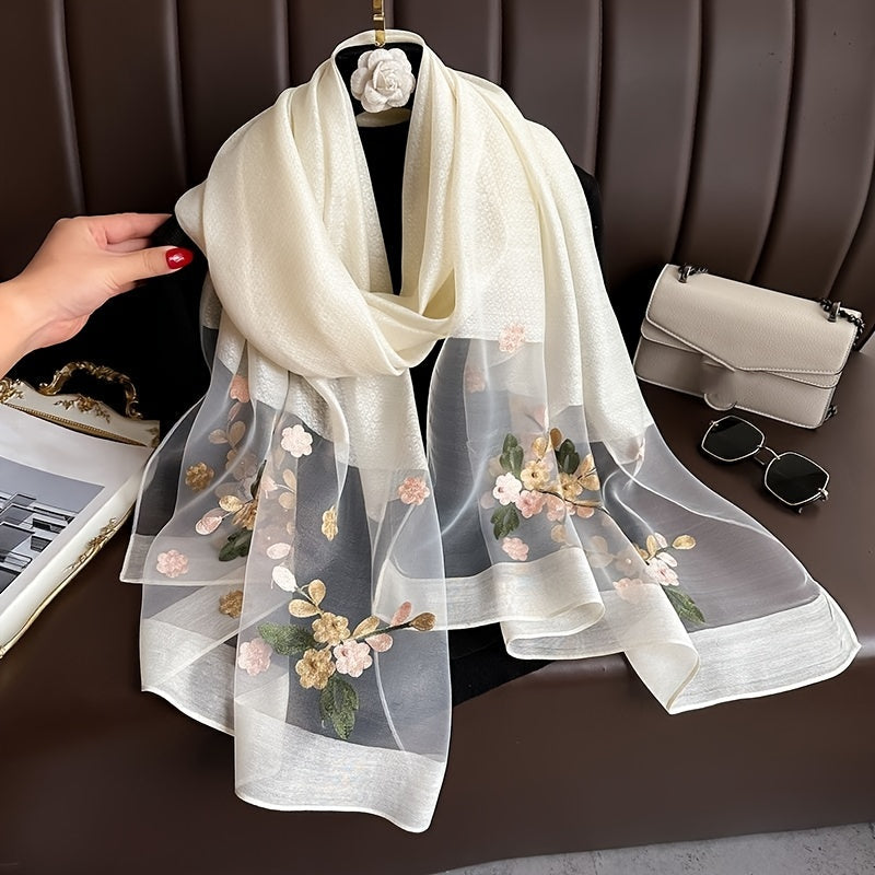 Thin breathable Chinese-style embroidered flower scarf for casual elegance and sun protection.