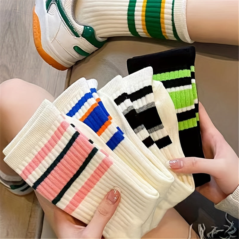 5 pairs of breathable striped print mid tube socks for women