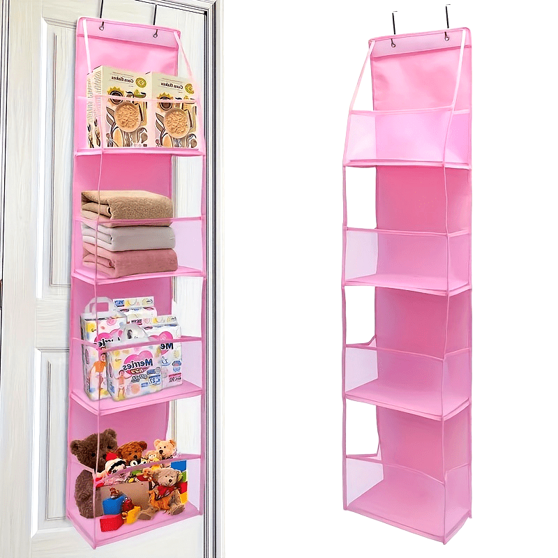 A fabric organizer in pink, designed to be mounted on a door and featuring four pockets. This versatile storage rack can be used in wardrobes, bathrooms, bedrooms, or dormitories. It includes a transparent window and a reinforced rack, along with two