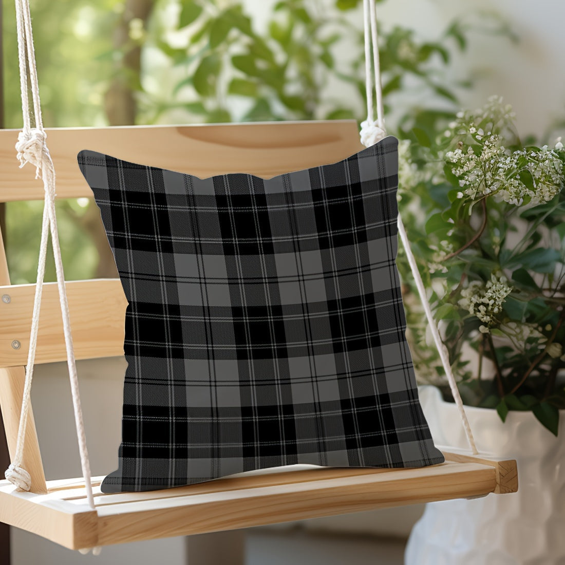 Grey and black plaid throw pillow cover made of peach skin velvet material measuring 45.72x45.72 cm. It features a dual-sided print, zip closure, and is machine washable. Perfect for adding a cute touch to your living room, bedroom, or car decor.