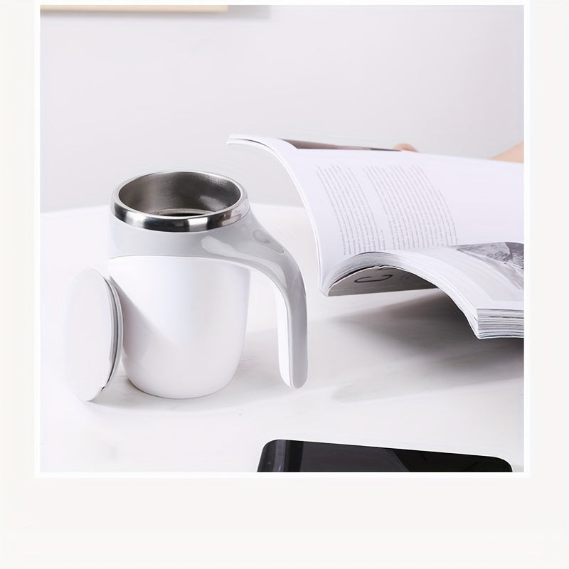 The self-stirring coffee mug with a lid features a 380ml reusable round cup made of ABS and stainless steel. It is USB charging with a magnetic rotating feature and built-in lithium battery. Additionally, it is machine washable.