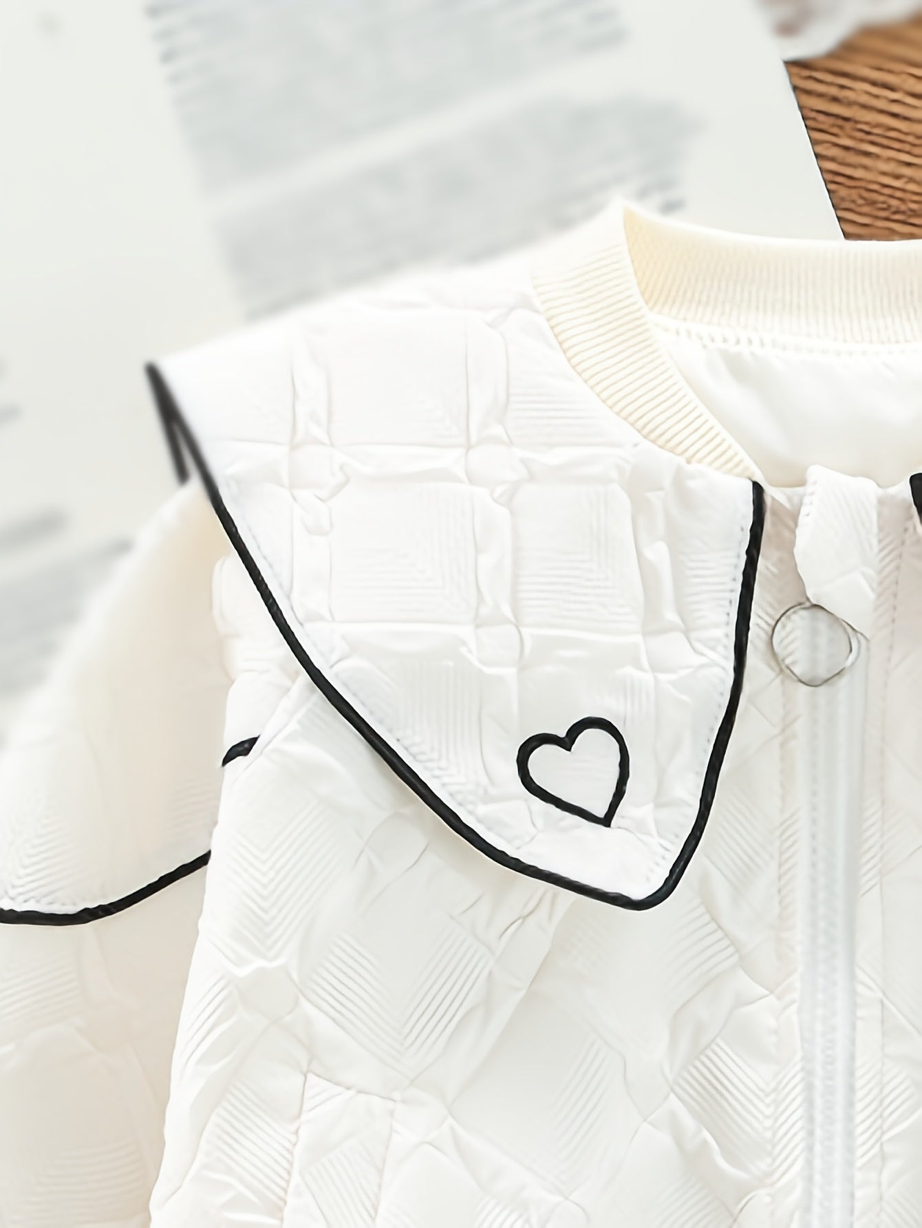 White polyester jacket with heart collar - perfect for spring/fall, casual zip-up outerwear for girls, machine washable.