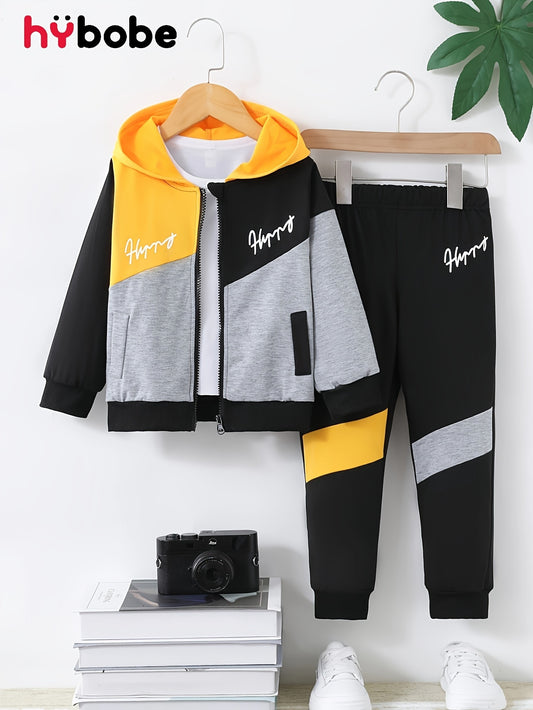 Boys' hooded jackets with zipper and patchwork letter print, sold as a set of two pieces.