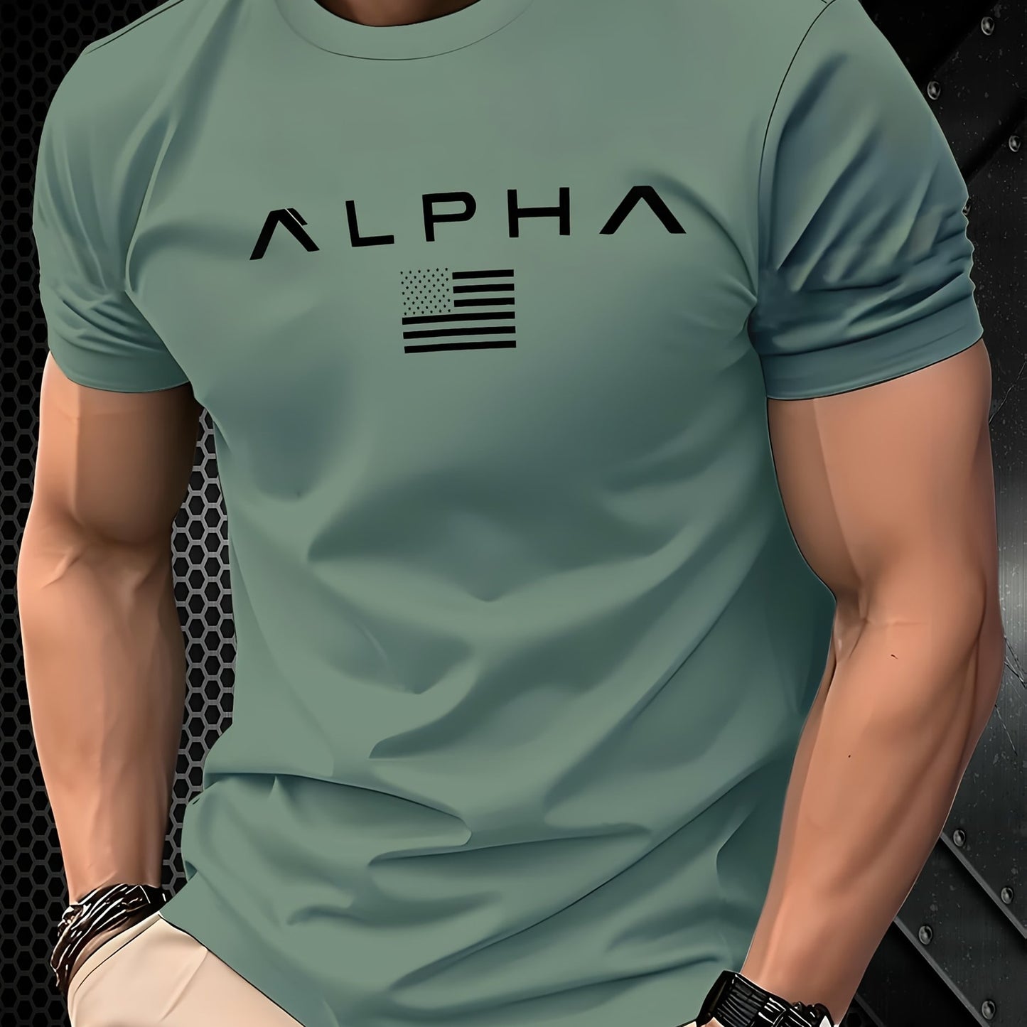 ALPHA Graphic Men's T-Shirt in light green with USA flag print, made with comfortable polyester blend for summer.