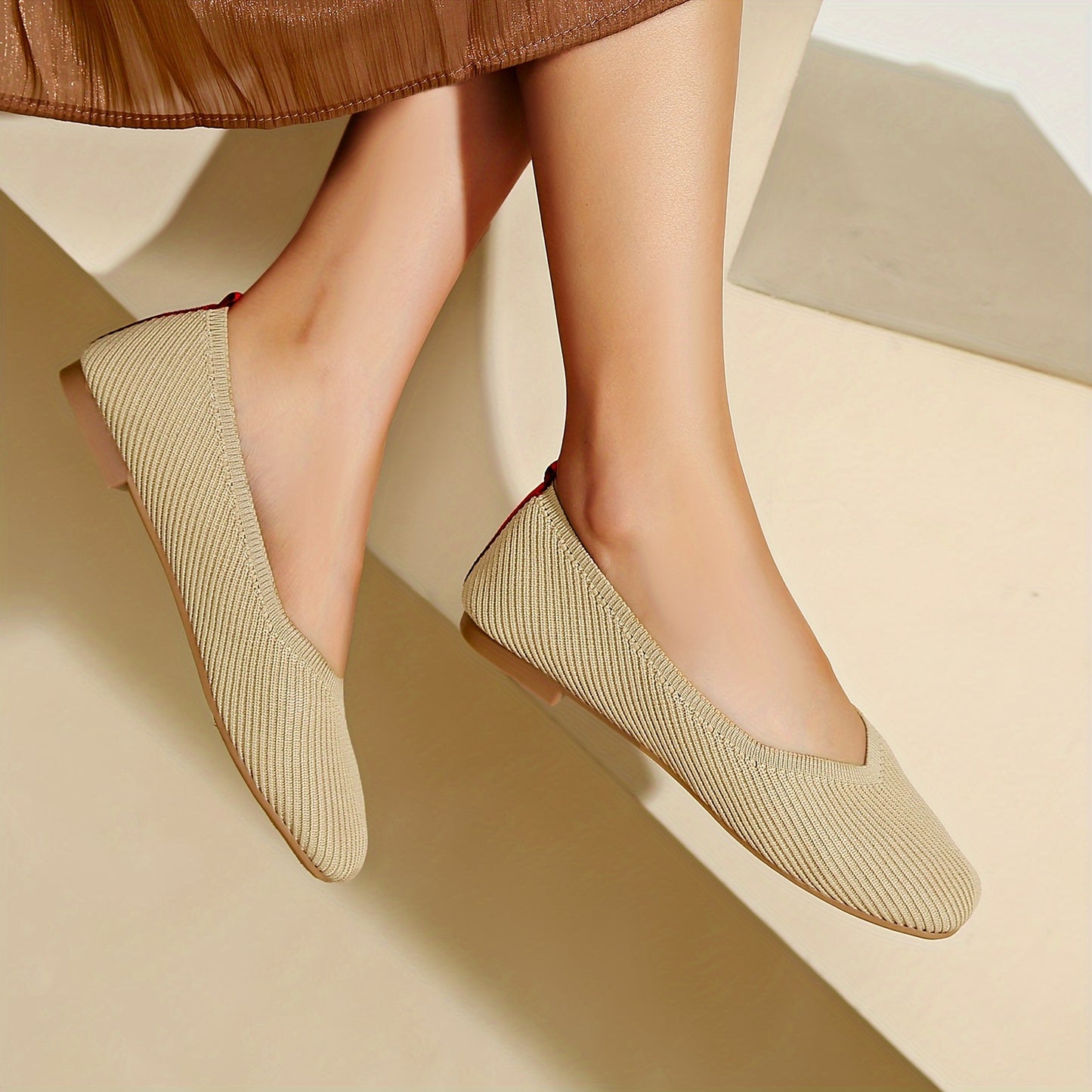 Women's Solid Color Knitted Flats with Breathable Square Toe