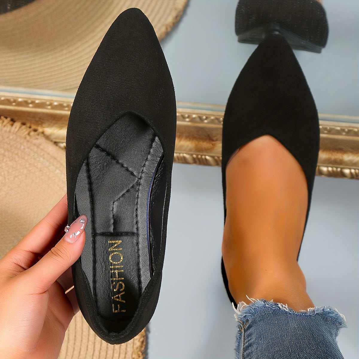 Women's solid color flat shoes with elegant point toe and lightweight slip on design.