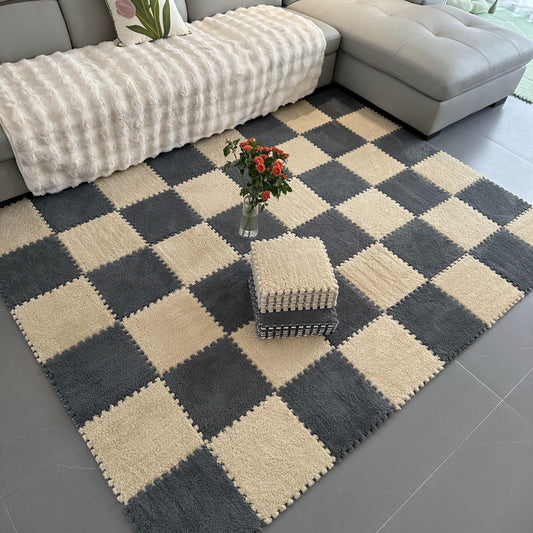 Set of 40 Interlocking Carpet Tiles, Easy to Clean Shock-Absorbing Mat, Rectangular Plaid Design, Low Pile for Bedroom, Indoor Use. Made with Machine-Made EVA Backing and Polyester Fiber. Perfect for Christmas, Halloween, Hanukkah Decoration.