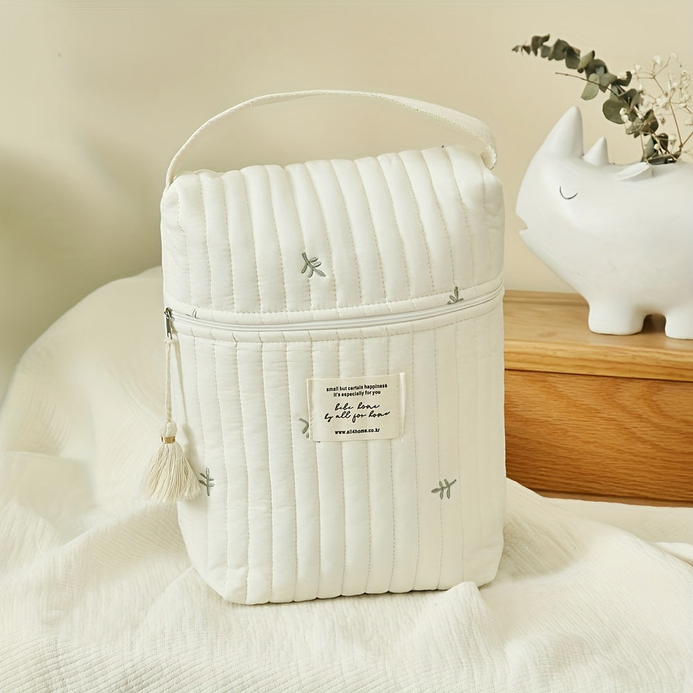 Diaper wipes bag made of cotton with high-end embroidery. Can be used as a feeding bottle diaper storage bag, baby stroller hanging bag, mother storage bag, or handbag with zipper closure.