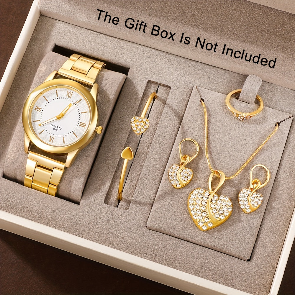 Set of 6 gold quartz watch with alloy strap, case, pointer, and rhinestone bracelet, necklace, earrings, ring. Gift for Mom.