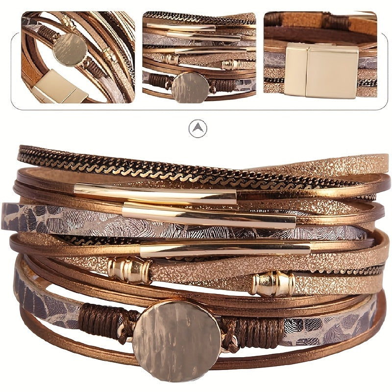 Women's Boho Chic Leather Wrap Bracelet with Multiple Synthetic Stone Layers, Gold-Tone Alloy Accents, and Magnetic Clasp - Perfect for Everyday Wear - Single Piece