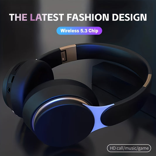 Over-ear wireless headphones with 5.0 connectivity, foldable design, noise-cancelling feature, and microphone for various uses.