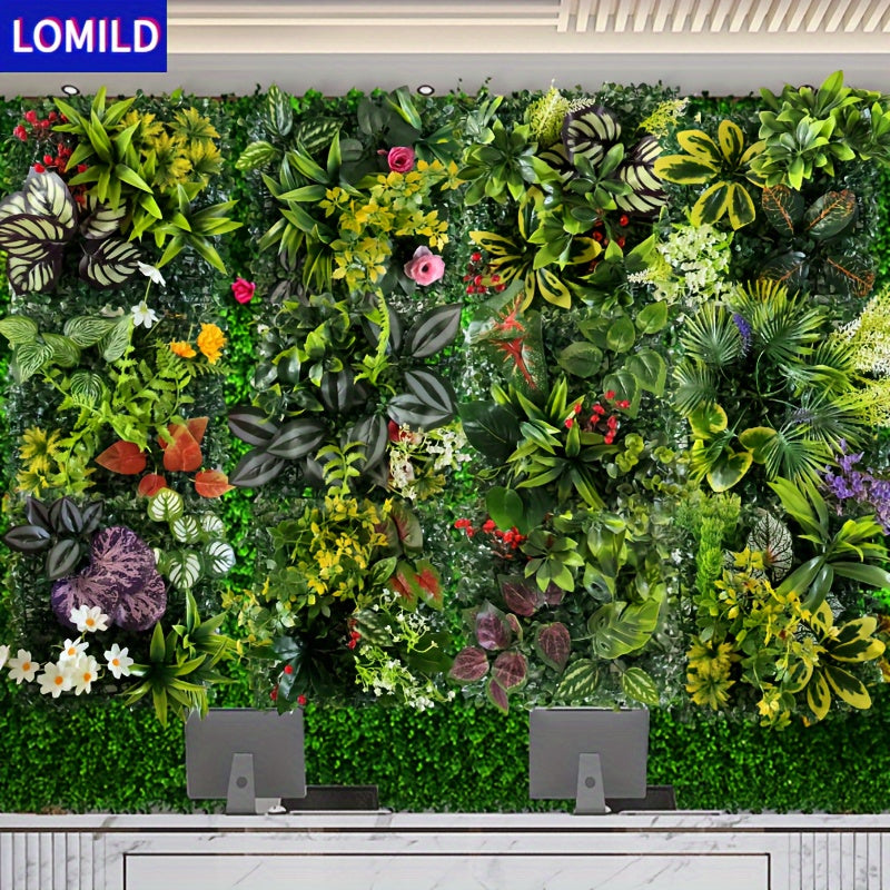 One piece of LOMILD Imitation Milan Mixed Green Plants in various styles with flower and grass skin. Ideal for outdoor wall, wedding, and festival decorations. Also suitable for tying