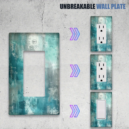 Modern abstract turquoise & grey light switch cover made of unbreakable polycarbonate. Decorative single toggle wallplate for easy installation in bedroom, kitchen, or bathroom with no wiring required.