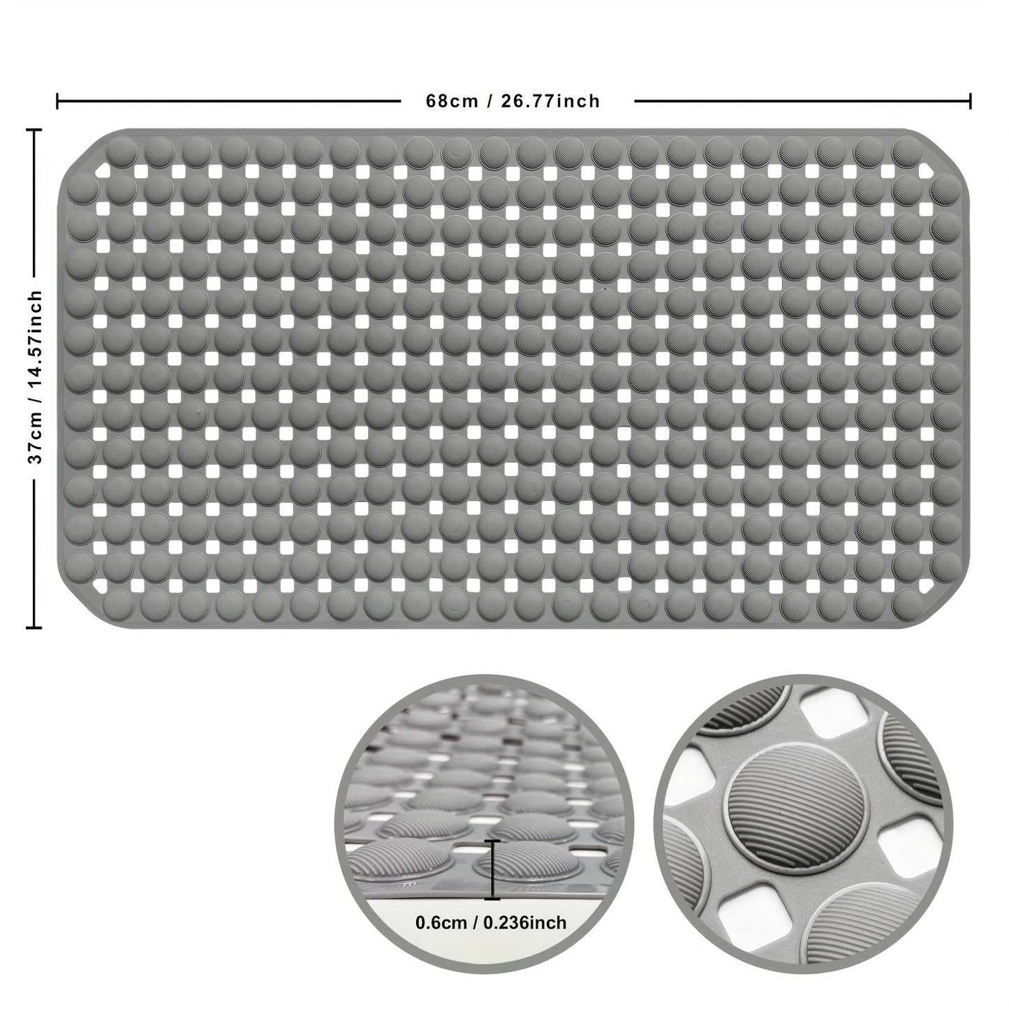 Непоскользящий коврик для ванны с присосками и дренажными отверстиями, изготовленный из прочного ПВХ светло-серого цвета с белыми точками. Можно стирать в машине для безопасности в ванной комнате.