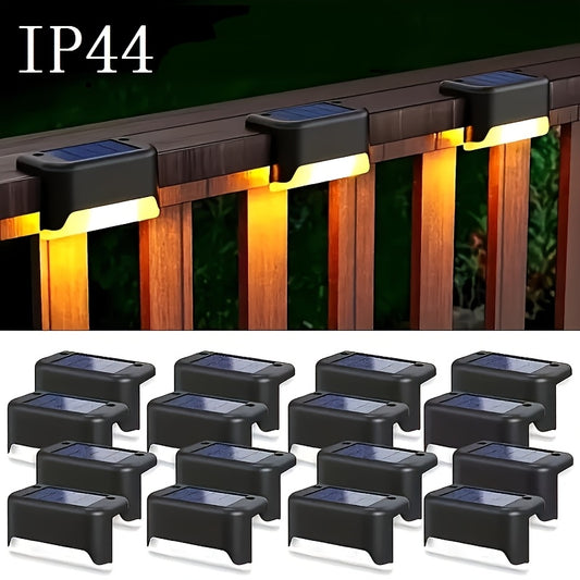 8 outdoor solar deck lights for stairs, fences, patios, gardens, and pathways. Features light sensor, removable fixture, and 600mAh nickel battery.