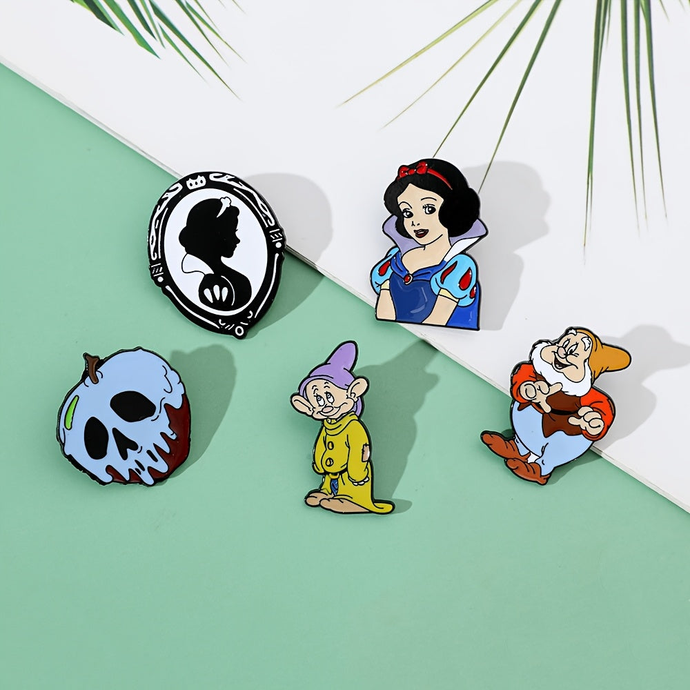 Set of 5 Enamel Pins - Adorable Snow White & The Seven Dwarfs Brooches, Made of Alloy Metal, Perfect for Clothing and Backpacks