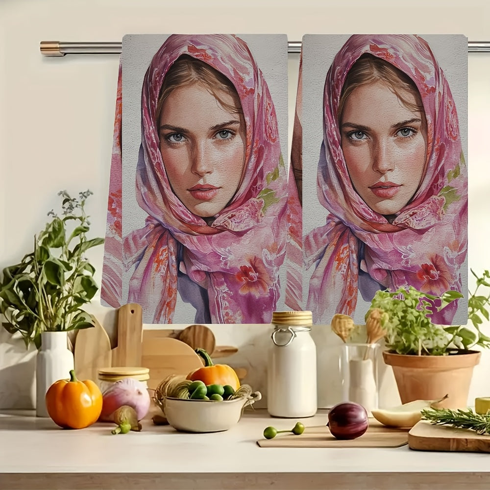 Two pieces of ultra-soft kitchen towels featuring a vibrant floral woman design, with a luxurious silk scarf feel. These towels are highly absorbent, machine washable, and measure 40.64x60.96 cm. Perfect for holiday decor.