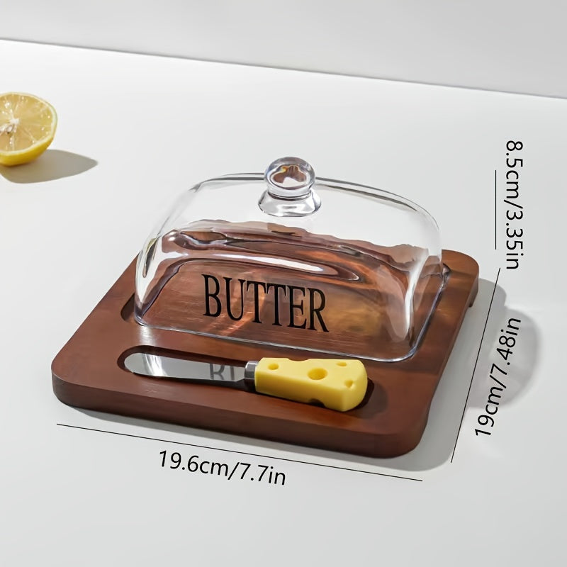 Glass cover box with knife for cheese, butter, sandwiches, cake, and dessert.