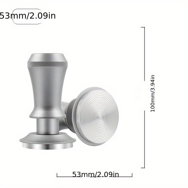 Coffee Tamper with 51/53/58mm Calibrated Size and Spring Loaded Design, Featuring Flat Stainless Steel Base in Black and Silvery Colors. Includes Two Springs for Firm and Even Tamping.