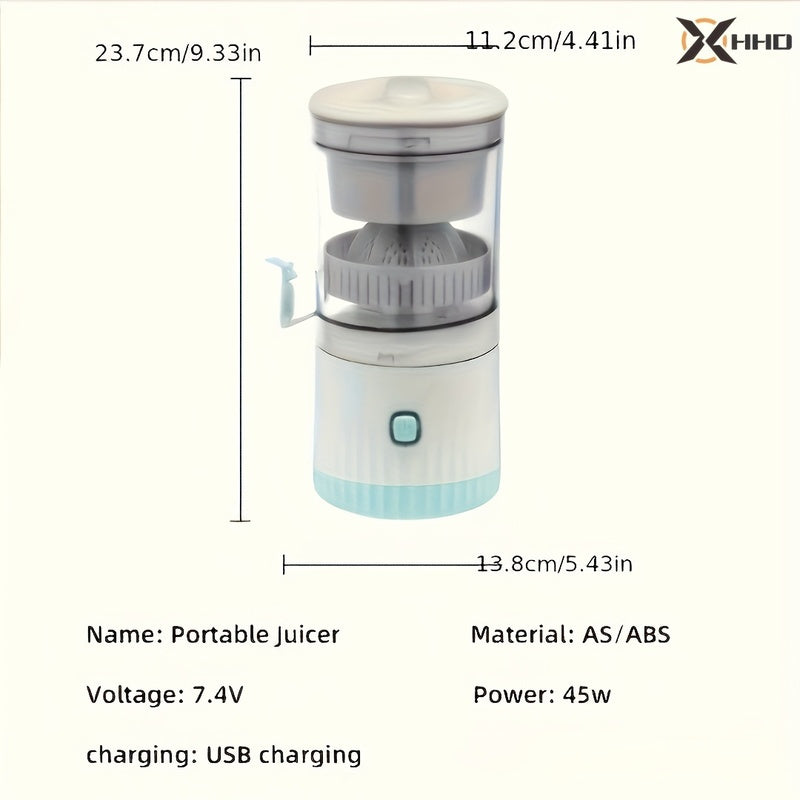 Compact portable juicer with USB rechargeability and automatic squeezing for efficient separation, perfect for fresh orange juice and other kitchen tasks.