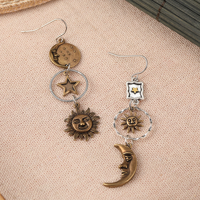 Antique Bronze Boho-Chic Earrings featuring Asymmetrical Dangles of Star, Moon, and Sun - Ideal for Everyday Wear or as a Thoughtful Gift for Women's Party - Stylish and Unique Pendant Option