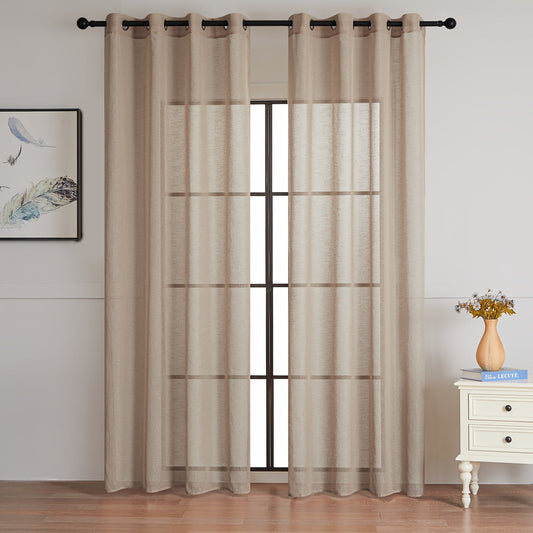 Two linen blend semi-sheer curtains, ideal for filtering light, enhancing decor in living room, bedroom, kitchen, and bathroom.