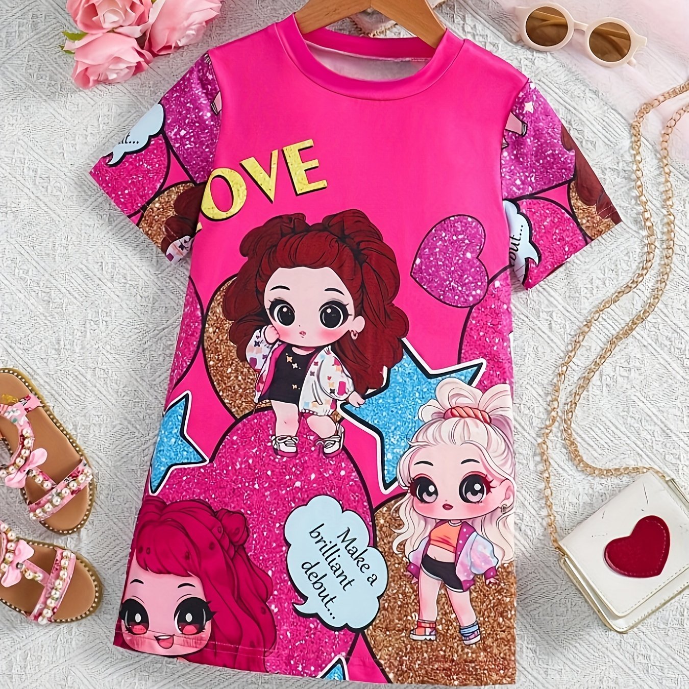 Cute pink cartoon dress for girls with "LOVE" print, made of stretchy polyester blend. Machine washable and perfect for spring/summer/fall events.