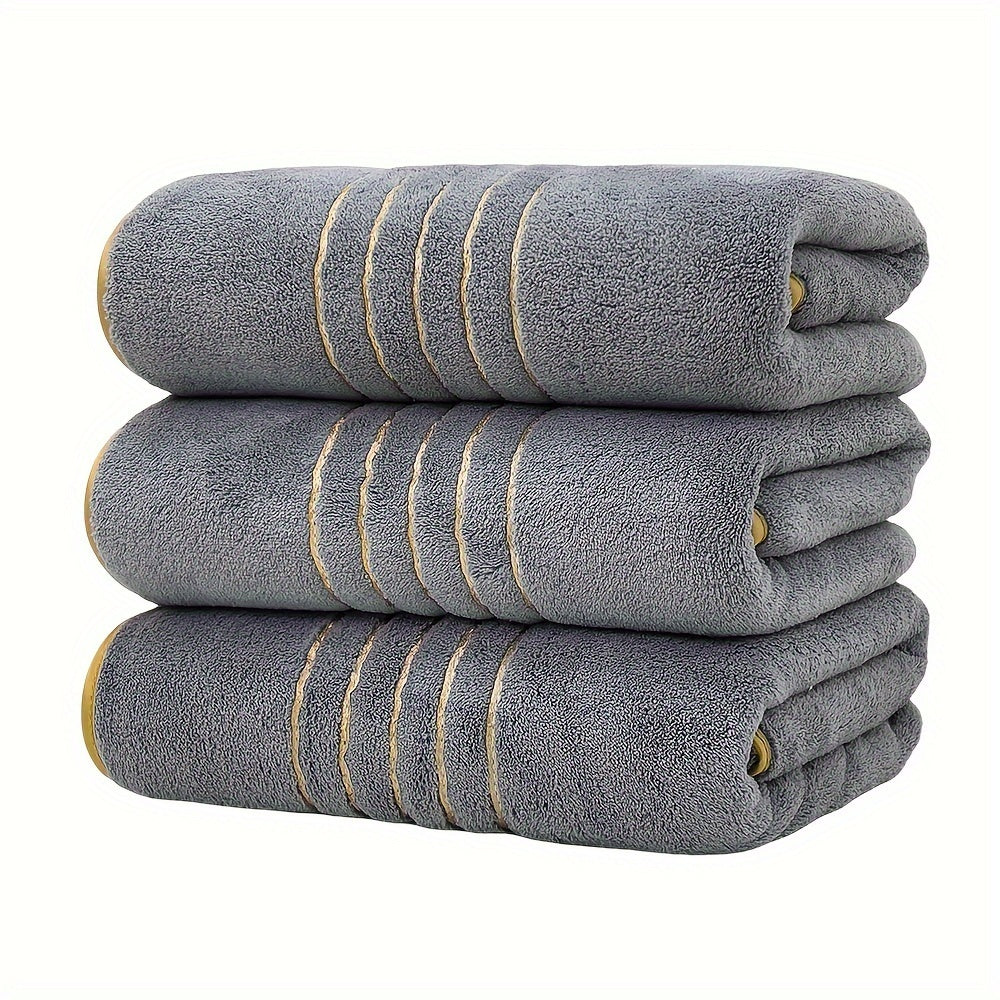 Three MidEnsi Microfiber Bath Towels with Quick-Dry Technology and Super Absorbency. Striped design in White, Blue-Gray, and Black. Ideal for Spa, Yoga, Fitness, and Bathroom. 70 x 140 cm.