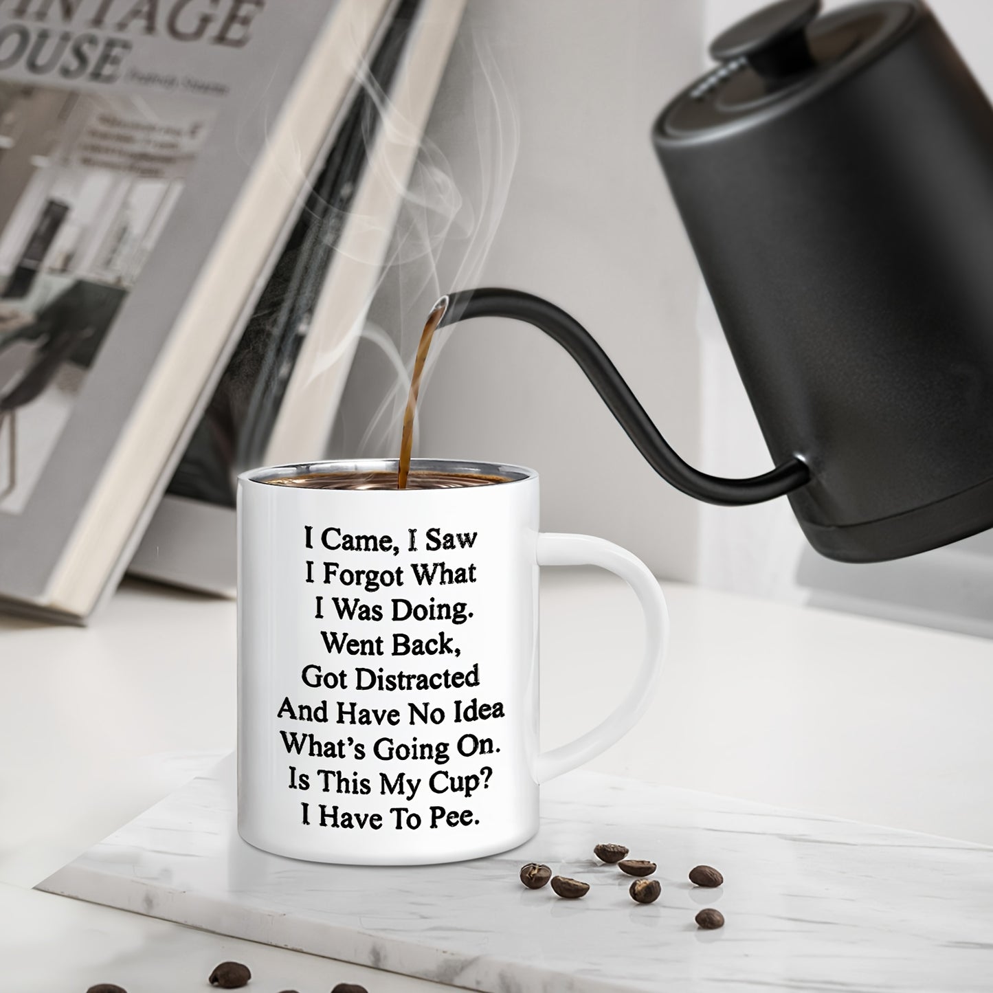 Humorous senior camping coffee mug - 11oz stainless steel with handle. Ideal gift for elderly parents and grandparents on special occasions. BPA-free and reusable.