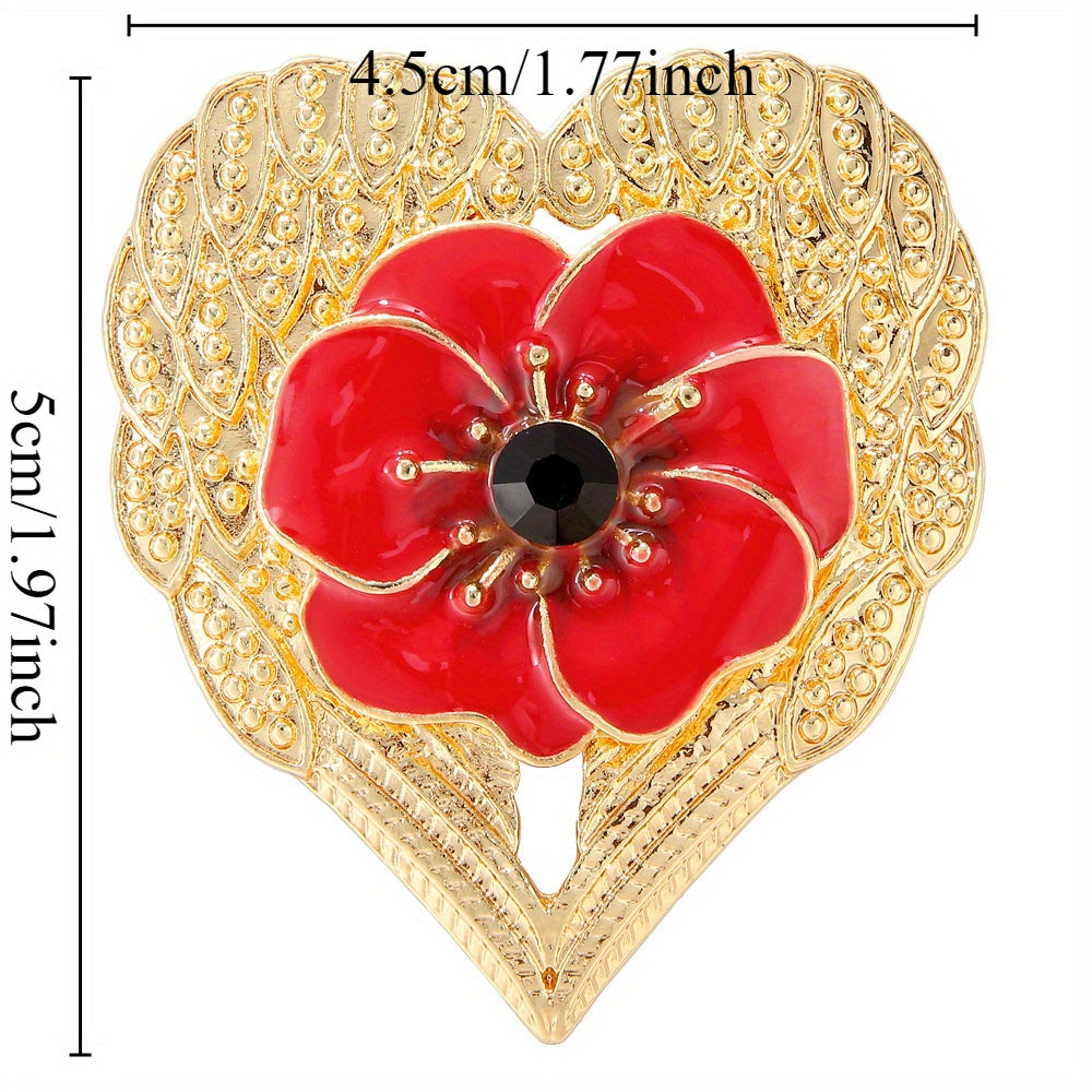 Add a touch of elegance and charm to your attire with this luxurious enamel brooch featuring a heart-shaped poppies design with unique accents. Perfect for enhancing the style of clothing and hats.