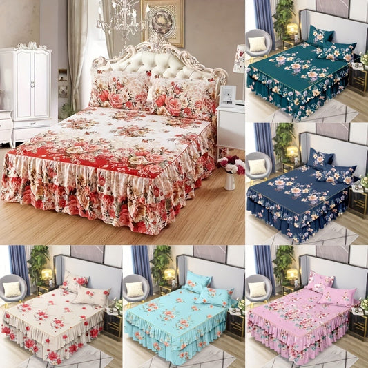 Set of 3 Macrame Bed Skirts with Flower Print, Suitable for All Seasons, with Universal Non-slip Design. Includes 1 Bed Skirt and 2 Pillowcases, Core not included.