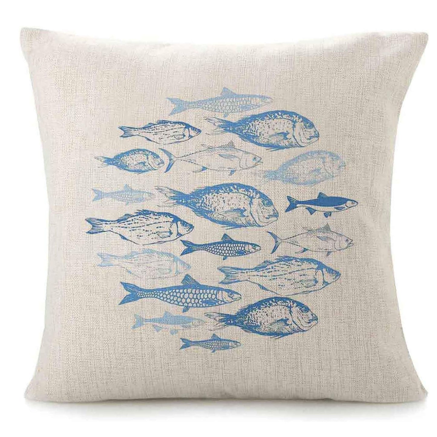 Linen Pillowcase with Chic Blue Fish Sketch Design - Single-Sided Print, Zip Closure, Easy to Clean - Ideal for Decorating Sofas and Beds