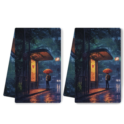 Set of 2 Ultra Soft Kitchen Towels featuring an Anime Boy Waiting at a Bus Stop with Heart Shaped Umbrella for his Date. Highly Absorbent Dish Hand Towels for Holiday Decor, Machine Washable, 16x24 Inch - Item Number 2KYSYS1215129