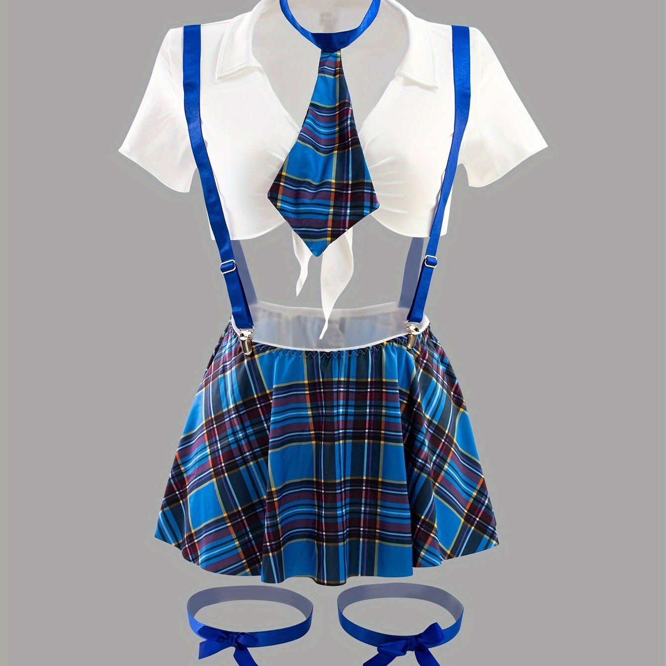 Women's sexy college role-playing costume set includes short skirt, thong, top, bow tie, and leg ring