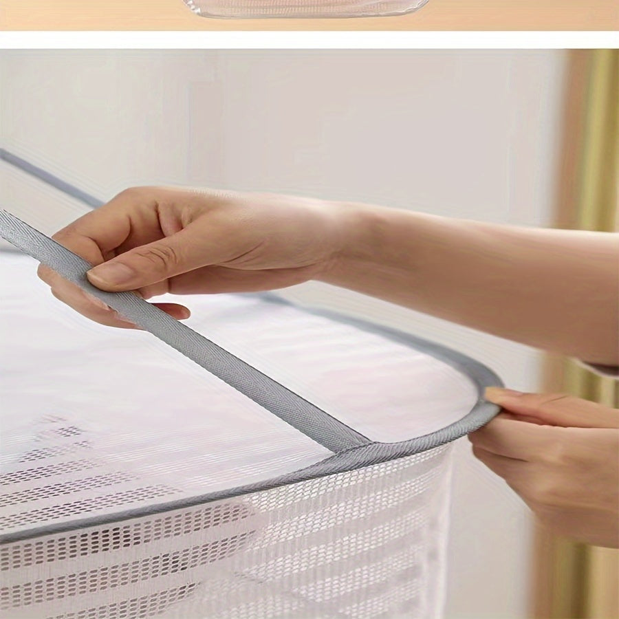 3-Tier Foldable Mesh Drying Rack with Zipper - Multi-functional Hanging Dryer for Laundry, Fish, and More - No Electricity Required, Ideal for Balcony, Clothing Drying, and Organization purposes.