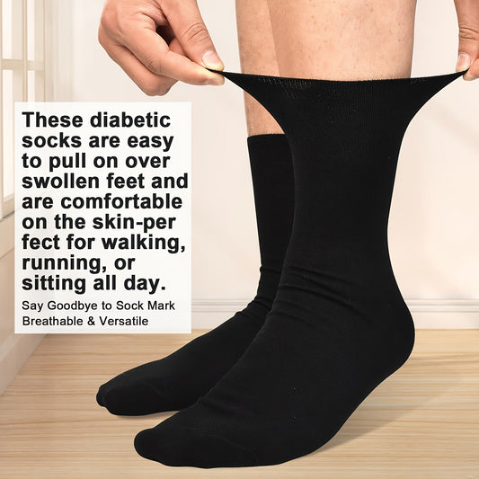 Breathable knit fabric diabetic socks, stretchy fit, moisture-wicking, ideal for seniors, men's fashion, blend of cotton, polyester, and spandex, machine washable, solid color.