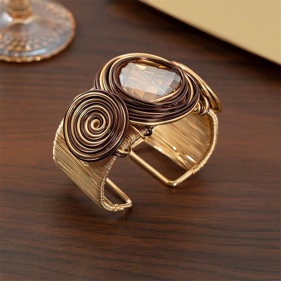 Handcrafted Boho Elegance: Adjustable Copper Cuff with Zirconia Stone, Wire-Wrapped, No Plating, Perfect for Parties and Vacations - Single Piece Pack