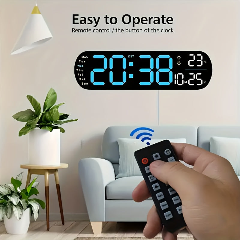 Multifunctional LED wall clock with remote control. Features dual alarm, date and week display, auto-dimmable brightness, 12/24H format, and USB powered. Includes night light and ideal for