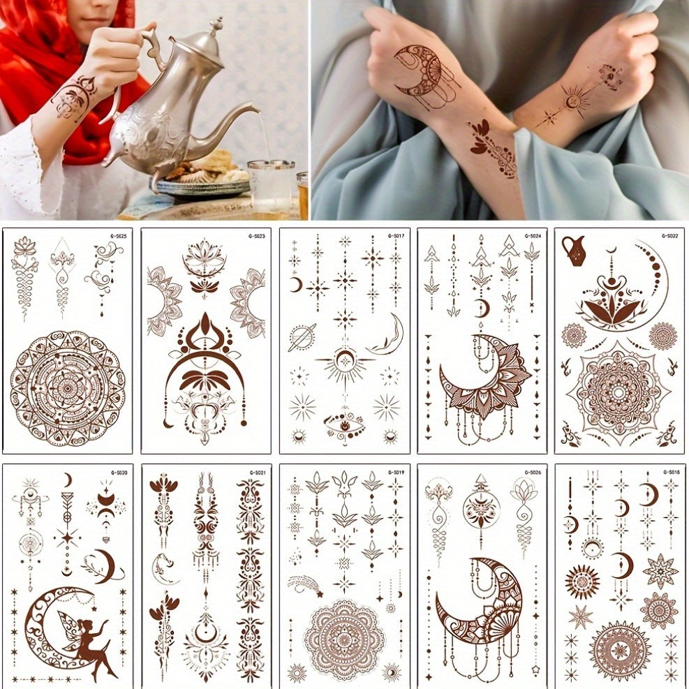 10 Eid Mubarak temporary tattoos featuring moon, stars, and mosque motifs for festive Eid Al-Adha celebrations. Ideal for face and body decoration.