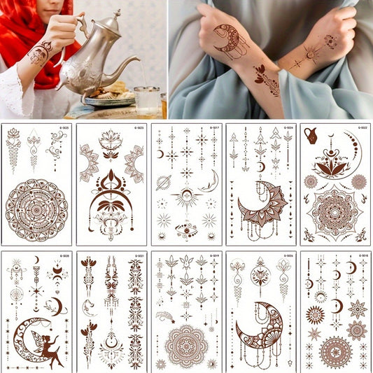 10 Eid Mubarak temporary tattoos featuring moon, stars, and mosque motifs for festive Eid Al-Adha celebrations. Ideal for face and body decoration.