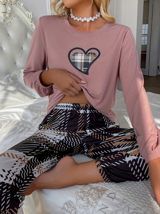 Women's Heart Print Pajama Set with Long Sleeve Top and Plaid Pants