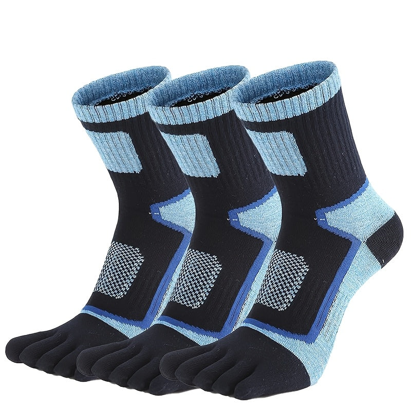 Three pairs of men's five-toe sports socks, sweat-absorbing and durable for cycling, sailing, and outdoor hiking. Medium-length, one size fits all (7-11), sweat-resistant.