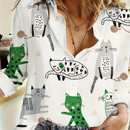 Spring and summer women's fashion long-sleeve casual shirt featuring cat and fish print.