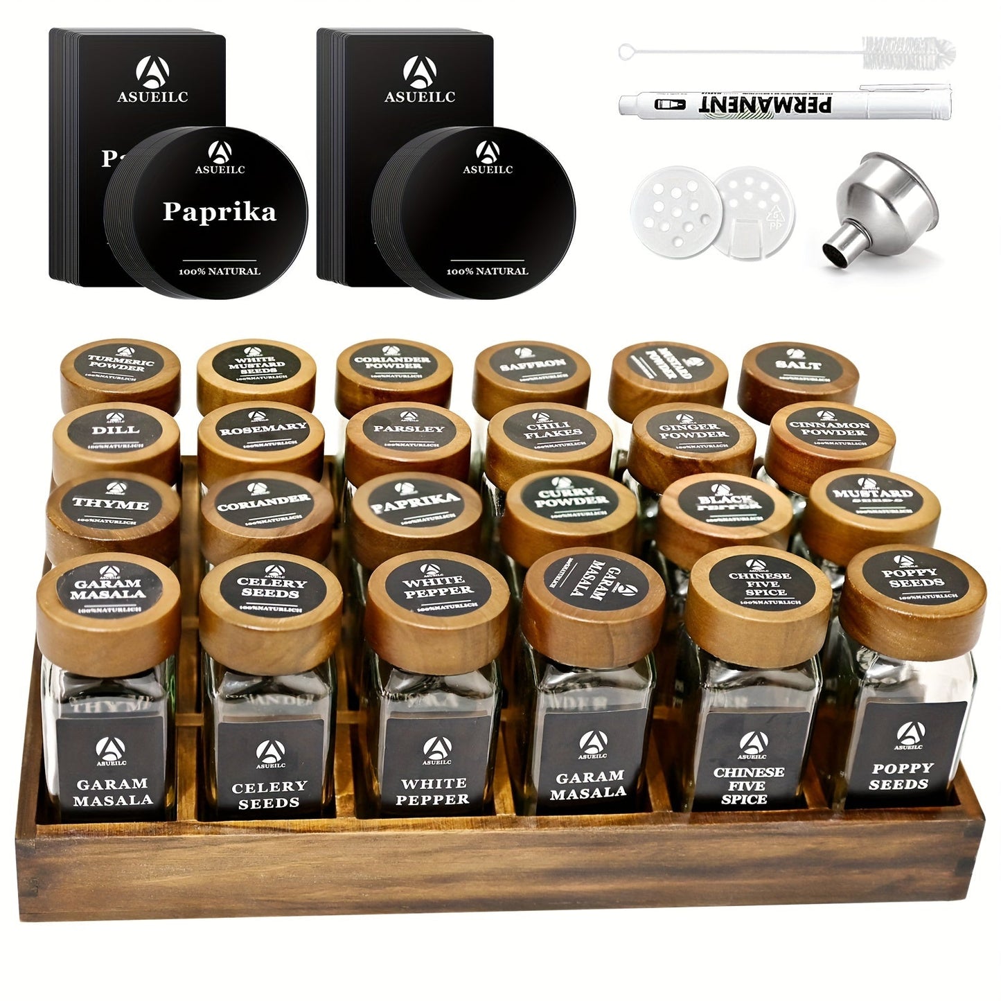 Elegant 24-Piece Sandalwood Spice Rack Set featuring Glass Jars and Lids, Drawer Storage, and Waterproof Labels for British Spices, Herbs, and Seasonings - Stylish and Practical Addition to Your Kitchen