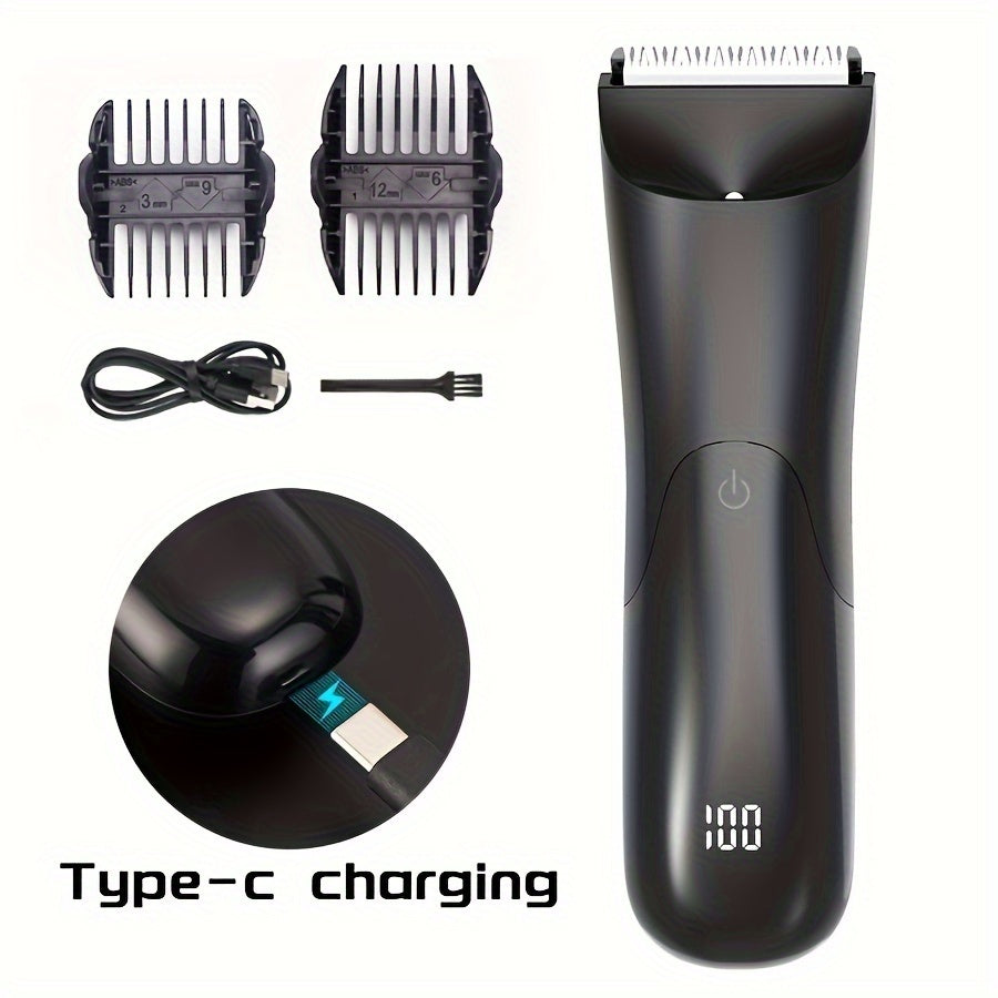 Electric ball trimmer with ceramic blade head, 2 guard attachments, wet/dry shaver, USB rechargeable with 500mAh lithium battery.