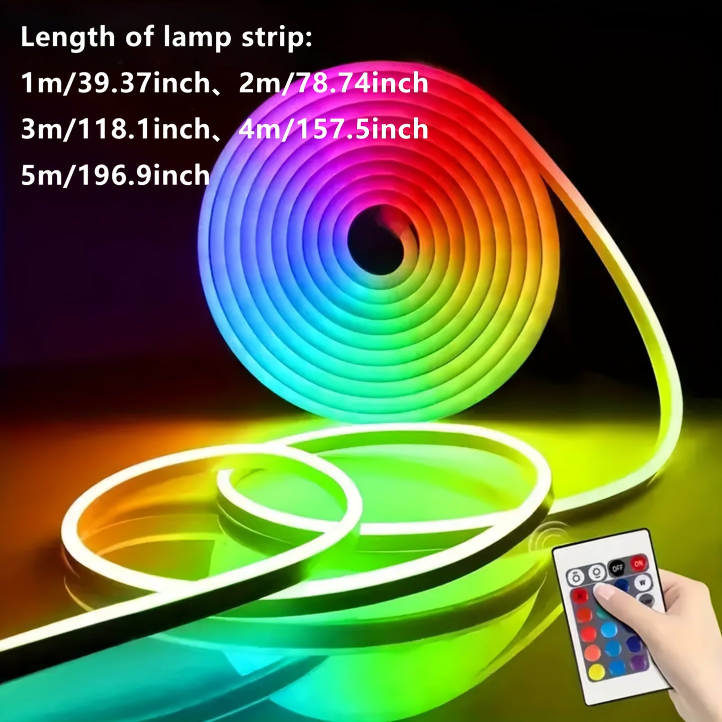 RGB Neon Light Strip with USB Interface and Remote Control, perfect for parties, holidays, and Valentine's Day. Adjustable brightness and multicolor modes. Smartphone compatible.