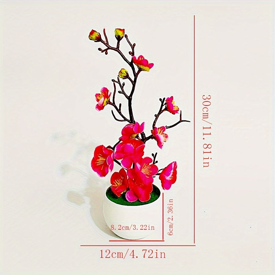 Artificial plum blossom bonsai for home or office decor, lifelike potted fake flower plant.