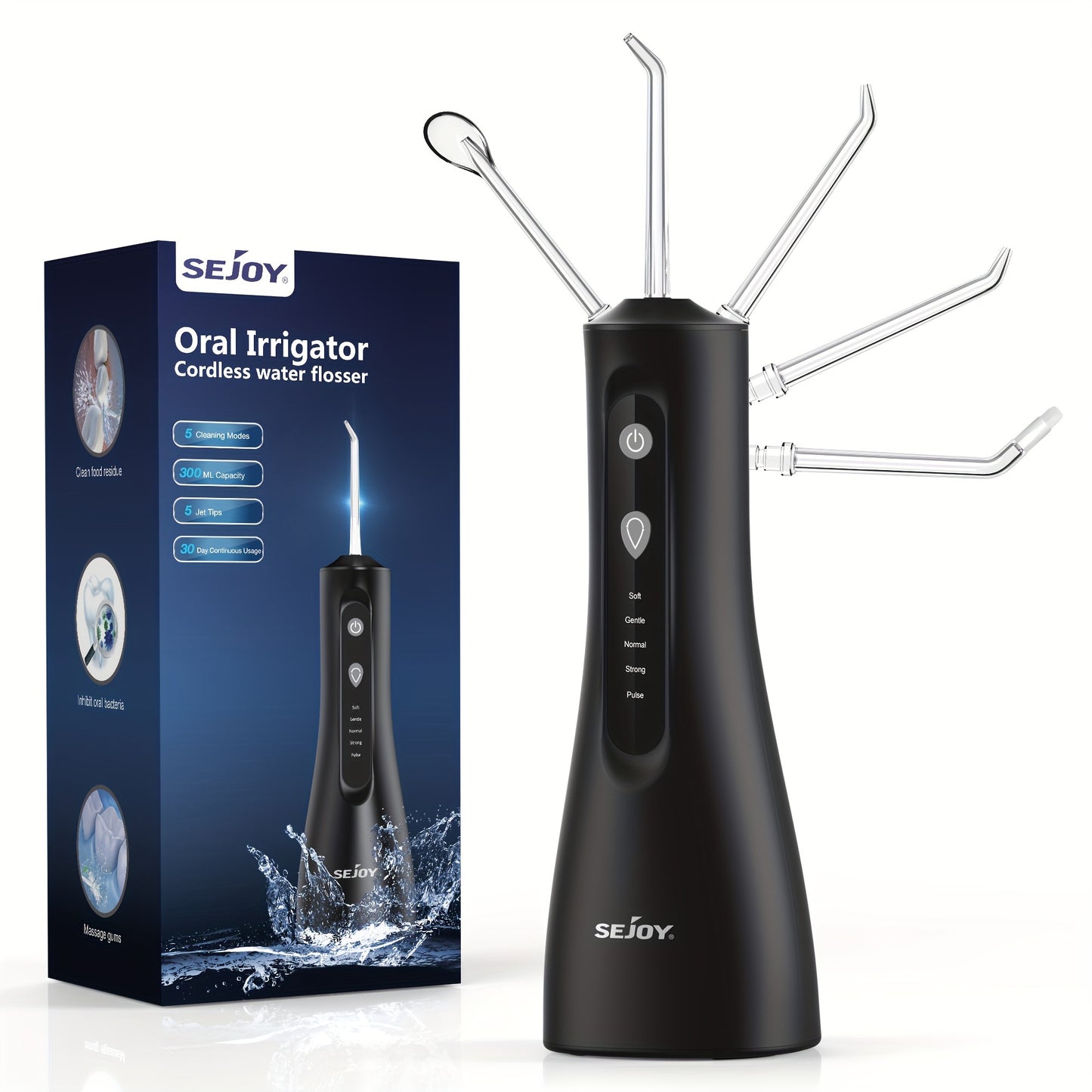 Cordless water dental flosser for teeth cleaning, with 5 modes and 5 tips. Suitable for home and travel.