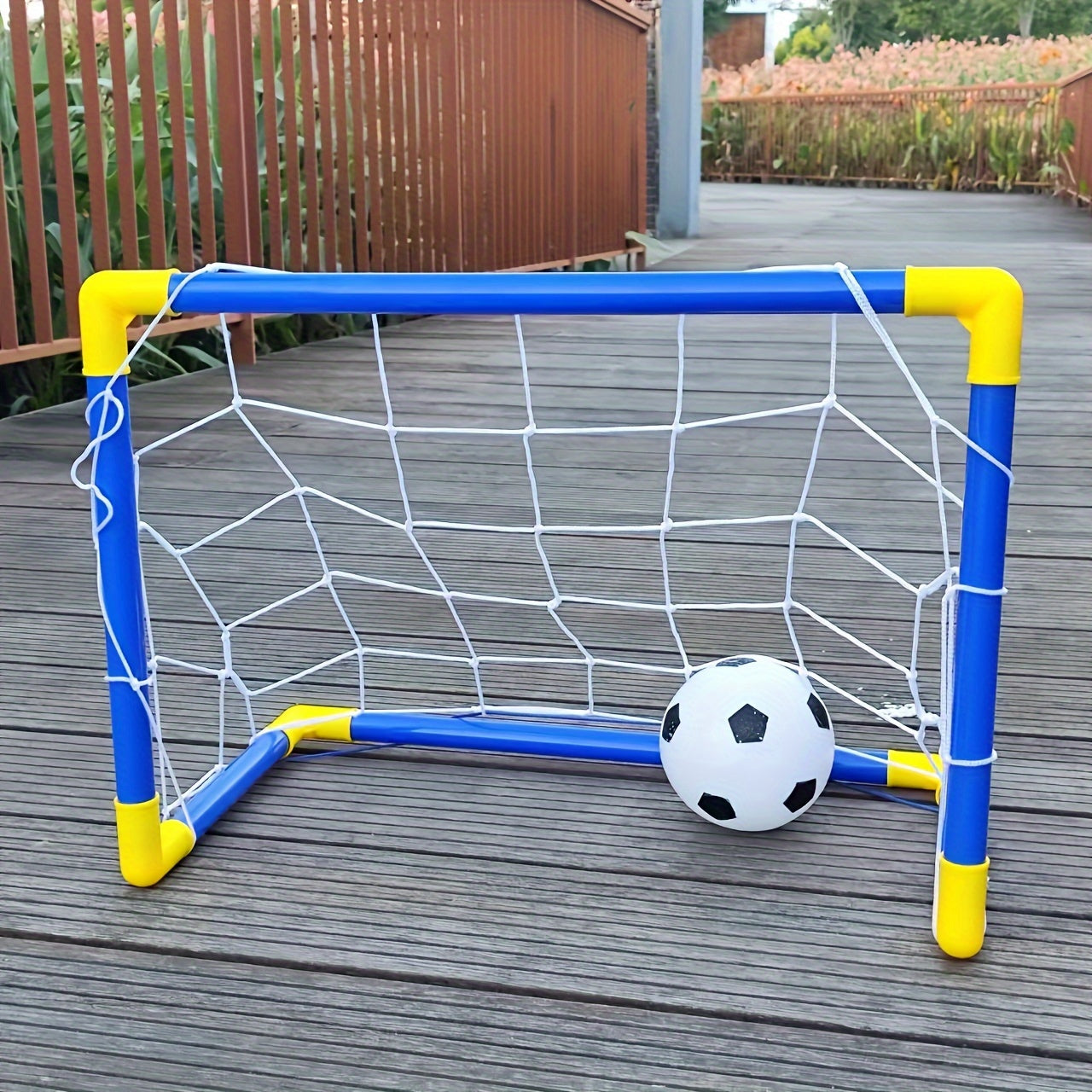 Indoor Micro Toy Football Goal Set with Pump and Plastic Football in Paper Box Packaging. Includes ball net, size 60cm x 40cm. Easy to assemble, convenient for carrying to park or beach.