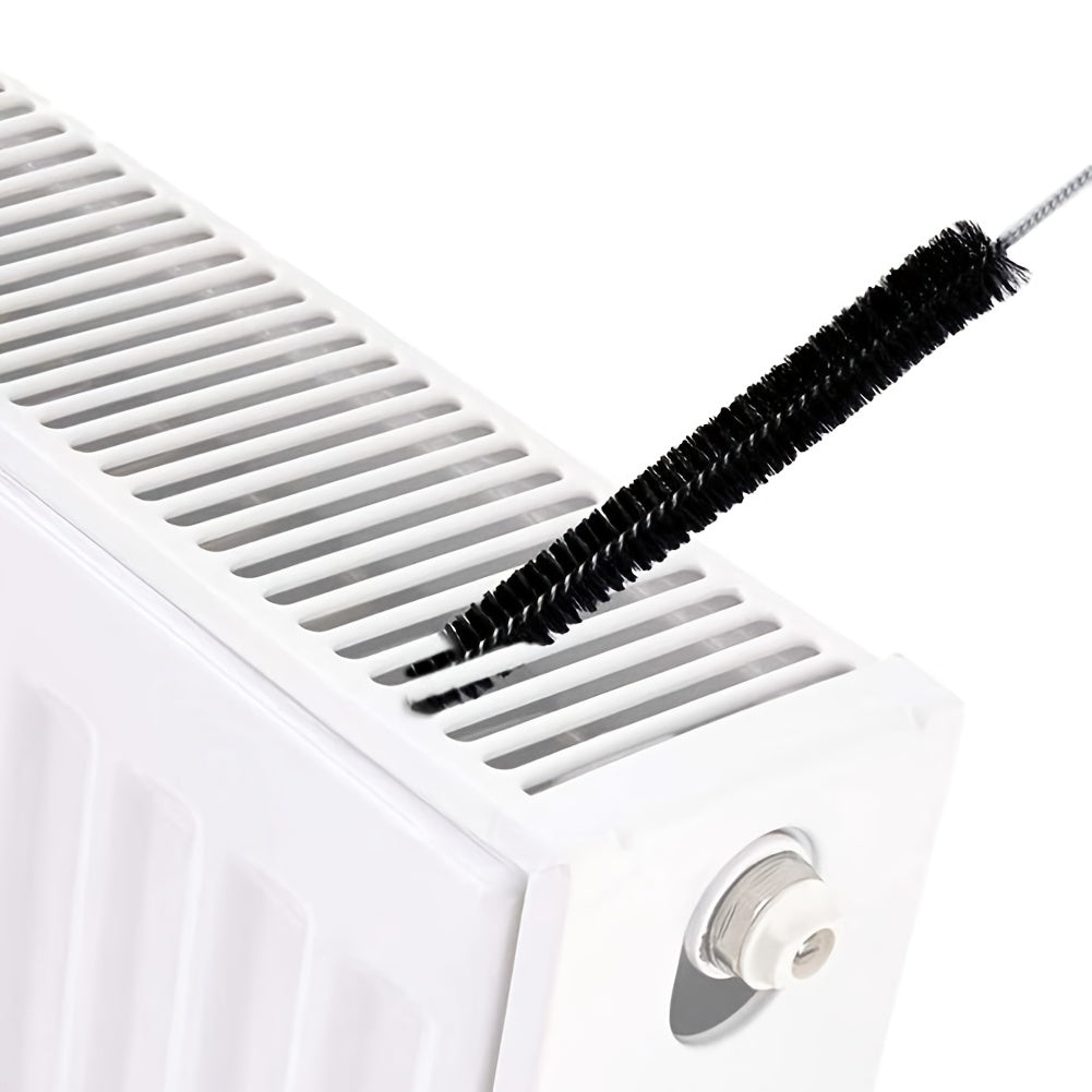 The radiator cleaner brush with a wooden handle and nylon bristles is a versatile tool with a 70cm/75cm metal body for effective dust and lint removal. It is perfect for cleaning vents, air conditioners, outdoor sinks, washers, dryers, refrigerators